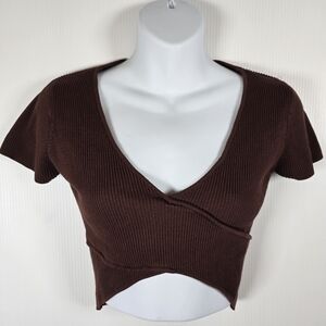 Zara Knit Chocolate Brown  Ribbed Plunging V-Neck Cropped Top Size S